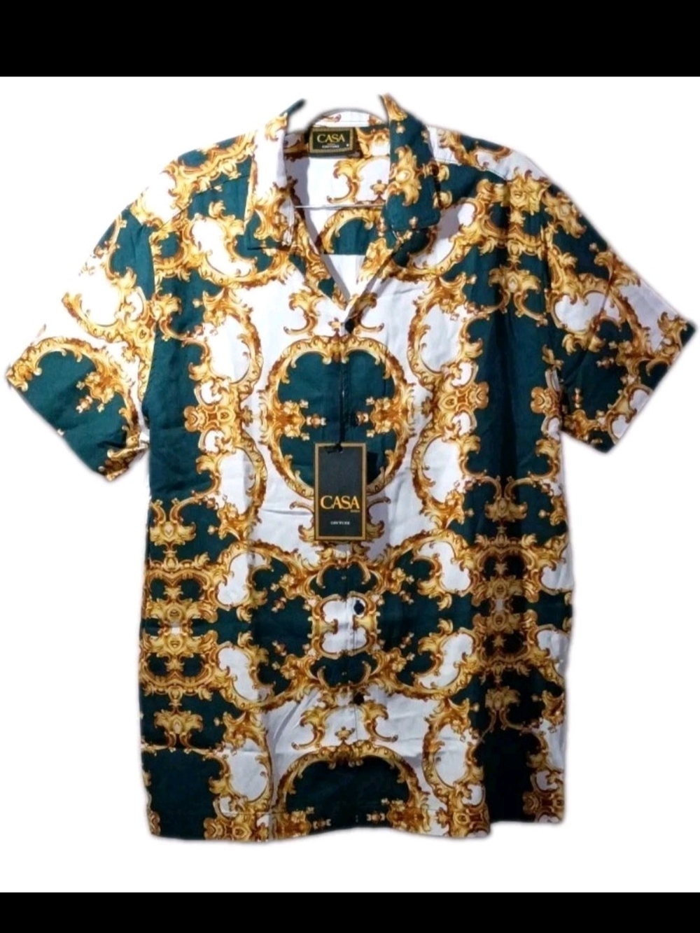 MODA ME COUTURE Emerald, White & Gold Baroque Short Sleeve Button-Down Shirt